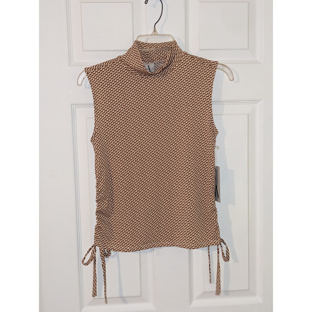 Worthington Mock Neck Sleeveless Top Brown Patterned Ruched‎ Side XS NWT